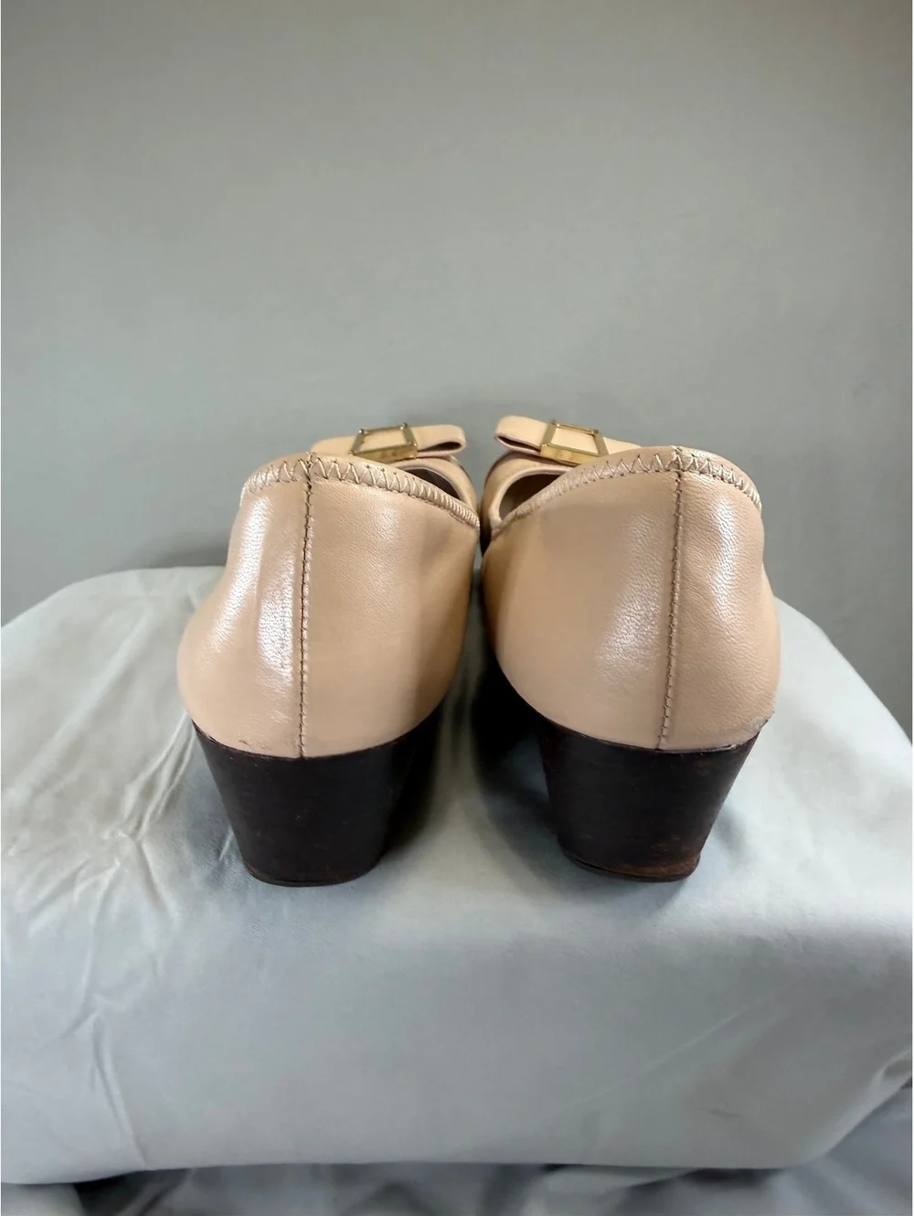 Cole Haan Beige Leather Wedge Heels with Bow Detail
